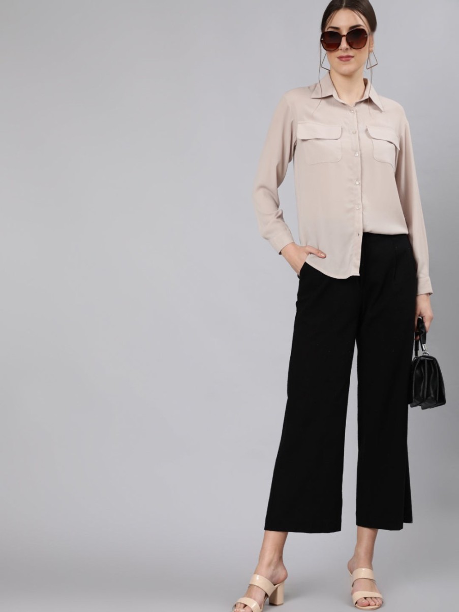 Women Beige & Off-White Loose Fit Striped Cotton Parallel Trousers